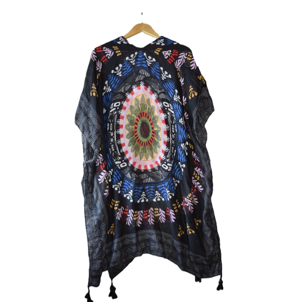 Woven Heart Kaftan Women Large Black Excellent Mandala Print Tassel Hem Festival
